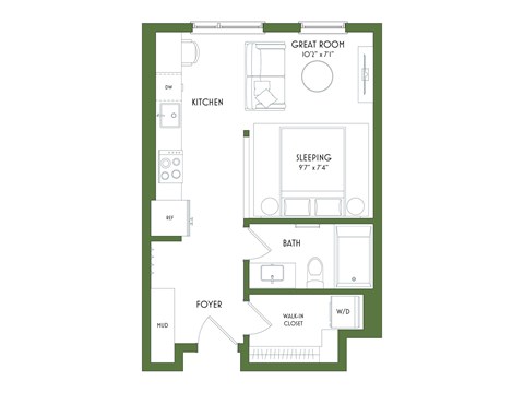 A floor plan of a small apartment with a sleeping area, kitchen, bathroom, and foyer.